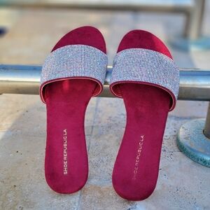 Wine Rhinestone Flats Sandals for Women Slip On Comfort